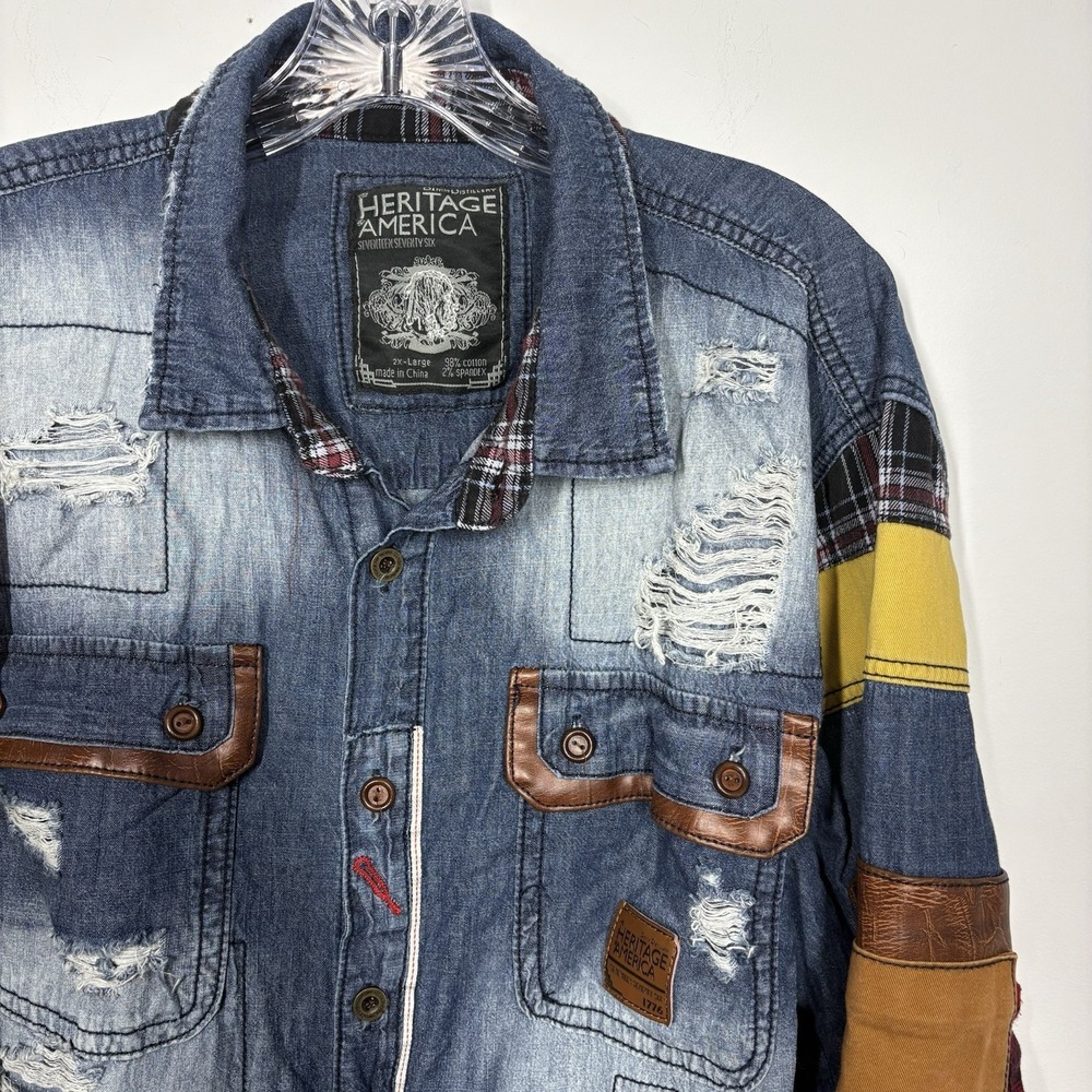 Heritage America Men 2XL Denim Jacket Grunge Flannel Patch Distressed Streetwear - Picture 3 of 15